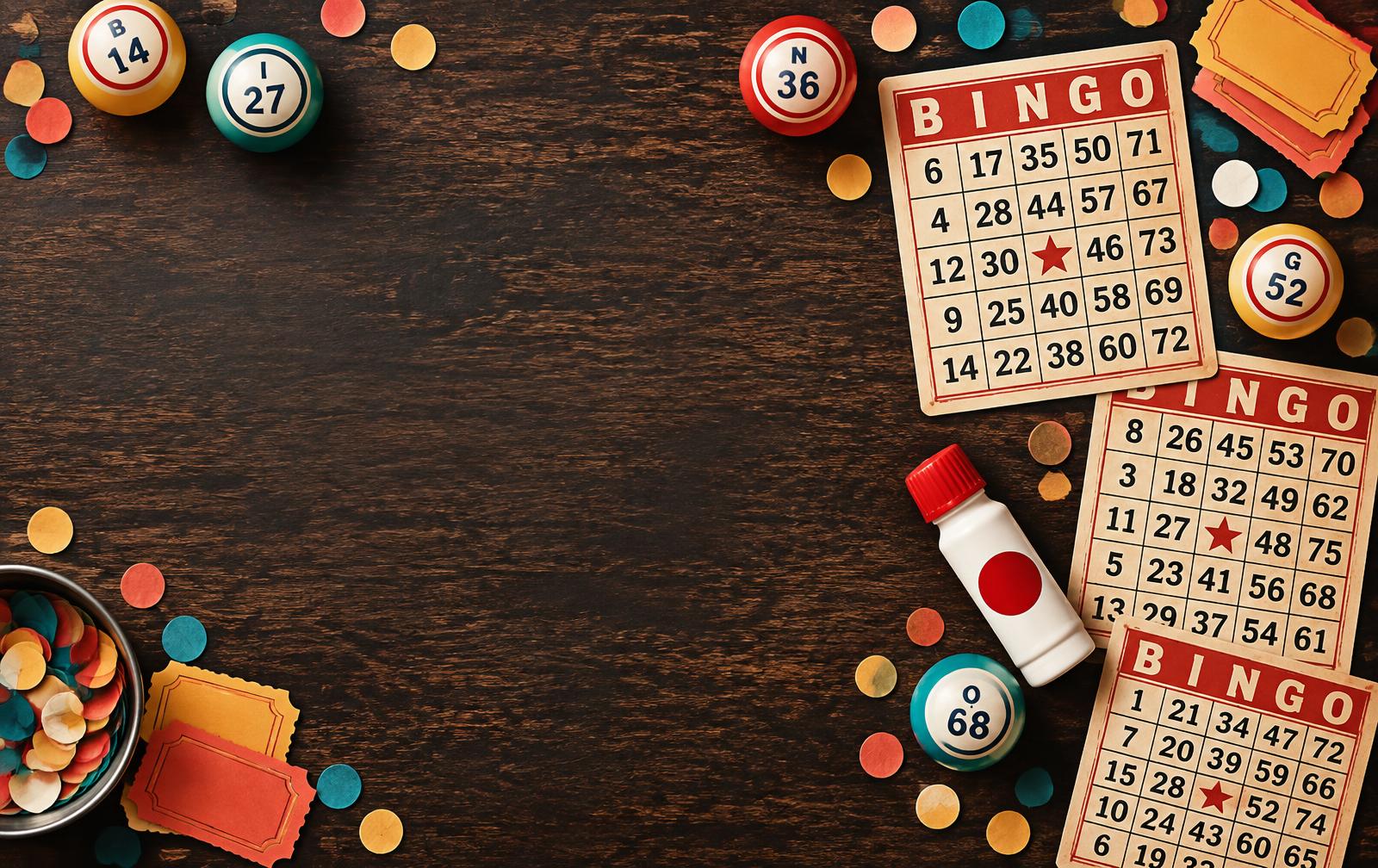 Bingo cards, numbered balls, raffle tickets, and a bingo dauber arranged for the event
